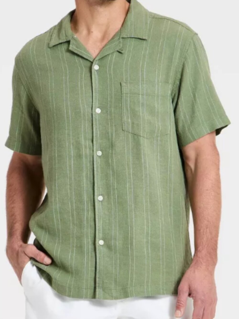 NEW Goodfellow & Co Men's Short Sleeve Linen Blend Camp Collar Button-Down Green